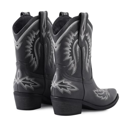 LingxiaUne Cowgirl Boots for Women，Black Ankle Cowgirl Boots Chunky Heel，Short Western Booties with Embroidery, Comfortable Block Low Heel Boot Wide Calf, Women's Snip Toe Cowgirl Boot — view 6