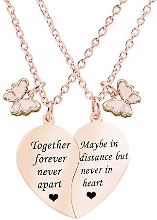 MJartoria BFF Necklace for 2-Split Valentine Heart Necklace TOGETHER FOREVER NEVER APART Best Friends Pendant Friendship Necklace Set of 2 Gifts for Her (Rose Gold-together forever-butterfly)