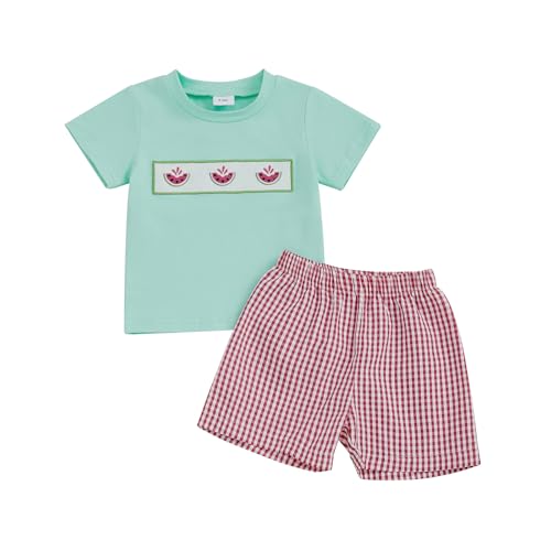 Image of Bonangber Toddler Baby Boy Summer Clothes Fruits Embroidery Short Sleeve T Shirt Plaid Shorts Sets Cute Boys Summer Outfits