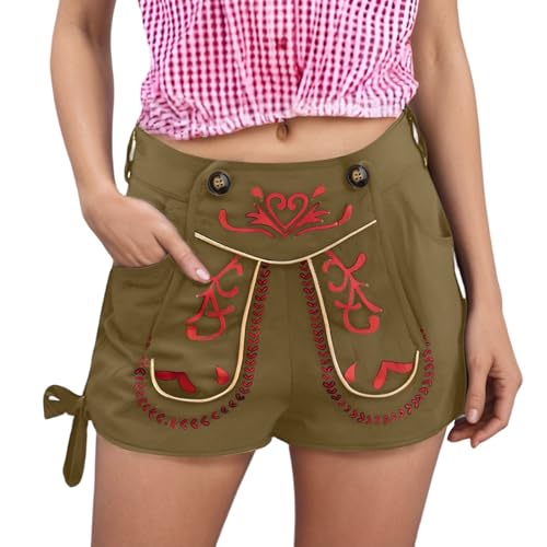 Lederhose Damen Tracht Shorts Kurze Trachtenlederhose Front Rot Stickerei Lederhosen Oktoberfest Später mit Reißverschluss Trachtenhose Tasche Bayerische Traditionelle Bierfest Hotpants