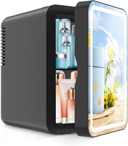 Mini Fridge with Mirror, AC/DC Portable Thermoelectric Cooler and Warmer Refrigerators for Beauty, Skin Care, Makeup, Bedroom, Room, Car (6L-Black)