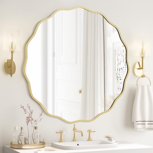 Image of WallBeyond Round Wavy Mirror for Wall Decorative 32 inch, Modern Round Mirror Aluminum Frame for Bathroom Bedroom Living Room Home House Office Entryway, Gold