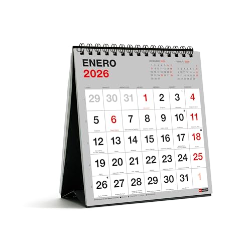 Miquelrius - Calendario 2026 de sobremesa Basic, Con números grandes, Organizador anual 140 x 150 mm, Con espacio para anotar, Encuadernación espiral doble, Planificador 12 meses, Español
