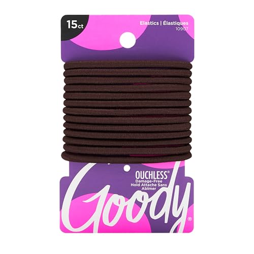 Goody Ouchless Hair Elastics No Pull No Breakage Tangle-Free Hold for Thick Curly Coily & Textured Hair 15 Count Brown Long-Lasting Ponytail Holders for Women & Men
