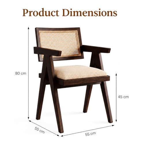 Image of Furniture Solid Sheesham Wood Upholstered Armchair with Cushion and Cane Back Support | Wooden Lounge Chair for Living Room, Bedroom and Balcony (Walnut Finish)