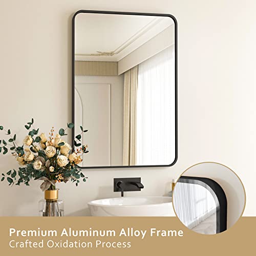 Harritpure Rounded Bathroom Mirror 20“ X 28” Rectangular Wall Mirror Aluminum Alloy Frame Contemporary Hanging Mirror For Living Room Bedroom Bathroom Entryway, Black #TOP3