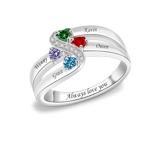 Sterling Silver Mothers Rings with 1-6 Birthstones Women Personalized Rings Engraving Family Name Rings Custom Rings for Mom Grandma Nana (4 stone)