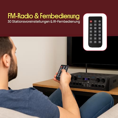 Pyle Bluetooth Stereo Verstärker 500 W – 4-Kanal Mini Receiver mit USB, AUX, FM-Radio, Subwoofer RCA & Mic Eingang, Talk Over Funktion mit Echo Kabelloses Streaming, Für Heimkino, Studio & PA-Anlage