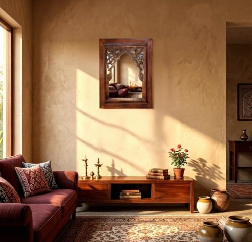 Image of Antique Black Hand Carved Wooden Jharokha Wall Mirror Frame for Home & Bedroom Decor - Traditional Arch Design (12x9 Inch) (Antique Black)