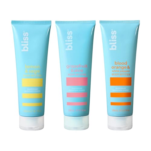 Bliss Body Butter Lotion Trio: Lemon & Sage Grapefruit & Aloe Blood Orange & White Pepper. Moisturizing vegan cruelty-free body lotion for dry skin. Great for women & men. 6.7 Fl Oz 3-pack