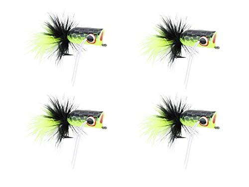 Wild Water Fly Fishing Chartreuse And Black Bass Popper, Qty. 4 Bass Flies - Topwater Lure Size 2 #TOP20