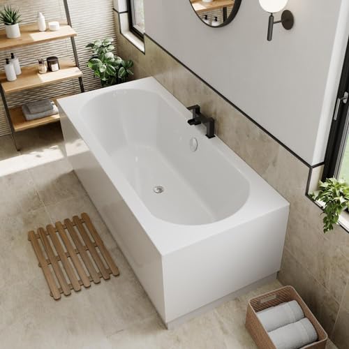 BAYSTONE 1700 x 750mm Designer Double Ended Bathtub Acrylic Bathroom Straight Curved Modern White Gloss Bath Tub