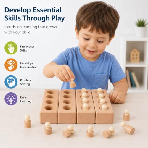 Image of Happy Hues Wooden Montessori Socket Cylinder Blocks Toy Set - Early Educational Sensorial for Toddlers and Kids 3+ Years Old