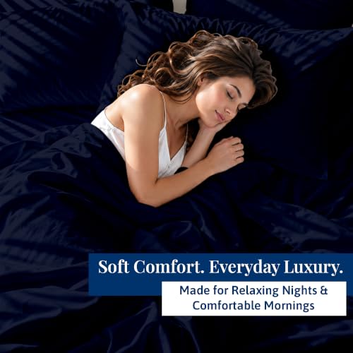 Mattress-Homes 100% Egyptian Cotton California King Sheet Set, 6 Piece Hotel Luxury Bedding, 21 Inch Extra Deep Pocket Fitted Sheet, Soft Cooling Cal King Sheets, 4 Pillowcases, Navy Blue by Mattress-Homes - Used condition - Image 5