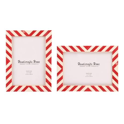Handicrafts Home Red Picture Frame Set of 2, 5x7 Resin Inlay Photo Frame, Boho Chic Frame for Coastal Living Room, Office & Bedroom Desk & Tabletop Unique Artisan Holiday Gift- Candy Cane Collection