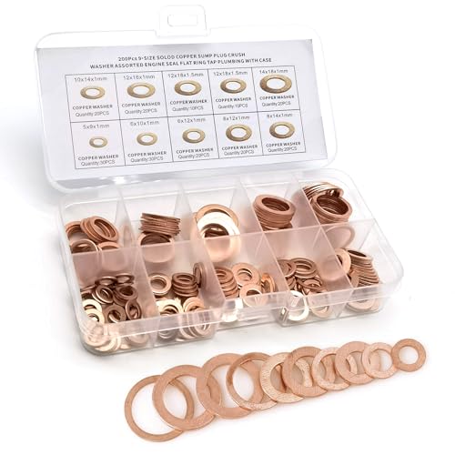 Image of Pack-200 Car Flat Gasket Combination Set, Oil Pan Plug Leak-Proof Sealing Gaskets, M5 M6 M8 M10 M12 M14 9 Specifications Copper Metric Washers with Storage Box, Universal for Most Cars (Gold)