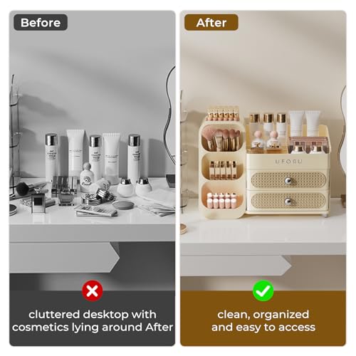 Image of UFORU Makeup Organizer for Vanity with Brush Holder, Large Capacity Bathroom Countertop Skincare Organizer with 2 Drawers, Cosmetic Display Case for Perfumes, Eyeshadow Palettes, Nail Polishes