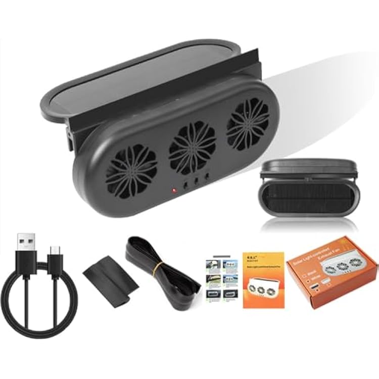 Solar-Powered Exhaust Fan for Car Windows - Vehicle Ventilation with 3 Air Outlets (Black)