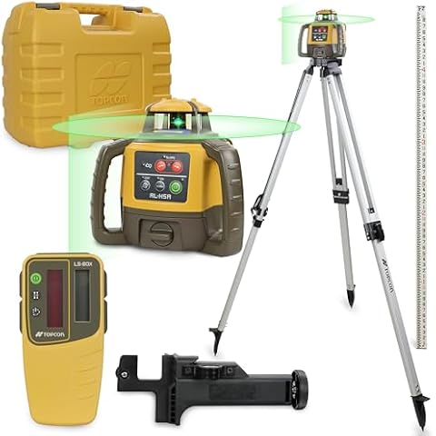 Topcon RL-H5A Laser Transit Leveler Kit - LS-80X Rotary Laser Receiver with Rod Bracket - 36-60in Precision Level 360 Laser Tripod - 13ft Fiber Rod Level Tool with Inch Increments for Construction Cover