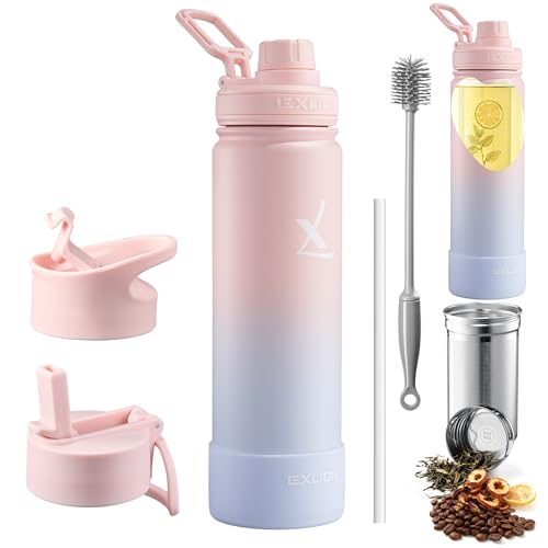 Lexlion Botella de agua de 22 onzas, triple pared aislada de acero inoxidable, reutilizable, boca ancha, difusor de frutas, infusor térmico de hojas, funda de silicona y cepillo de limpieza, 3 tapas a