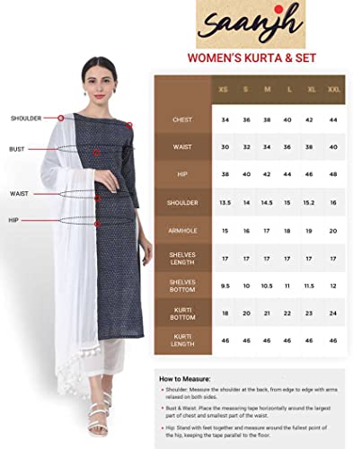 Image of Saanjh Women's Fit Straight Cotton Blend Long Kurta, 3 /4 Sleeve, Knee Length Kurtis, Casual and Office Wear