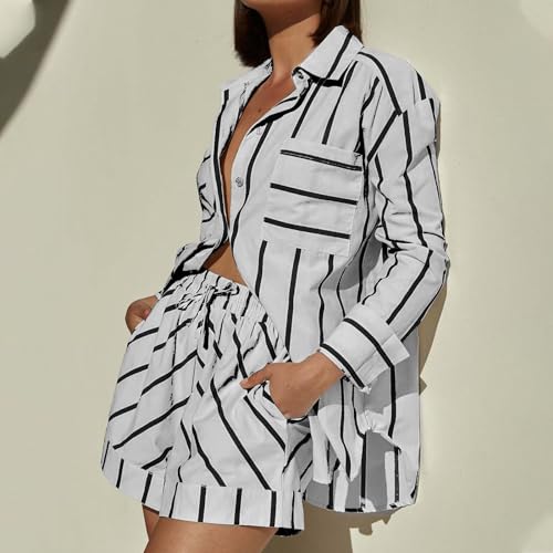 NSICBMNO 2 Piece Outfits Women Loungewear Sets Striped Shirt And Shorts Co Ord Summer Sets Tracksuit Set Two Piece Lounge Sets Casual Outfits Matching Shorts Sets For Going Out Holiday Beach - Image 4
