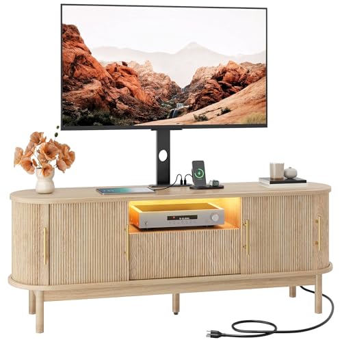 YITAHOME Fluted Curved TV Stand with Mount for 32-70 Inch TVs, Modern Entertainment Center with LED Lights & Power Outlets, Natural Oak by YITAHOME - Image 9