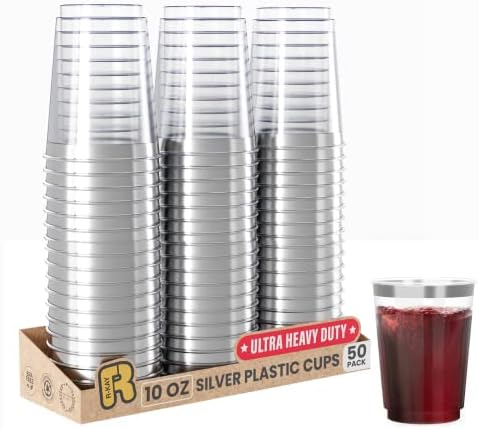 Silver Plastic Cups For Party - 50 Pack - 10 Oz Clear Silver Cups - Hard Disposable Cups - Premium Heavy Duty Silver Party Cups - Plastic Wine Glasses For Parties Disposable - Plastic Cocktail Glasses