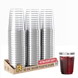 Silver Plastic Cups For Party - 50 Pack - 10 Oz Clear Silver Cups - Hard Disposable Cups - Premium H