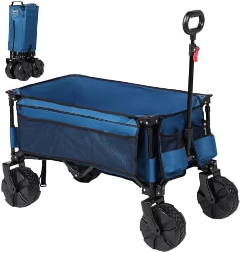 Timber Ridge Collapsible Folding Festival Wagon, Pull Along Trolley on Wheels with Adjustable Handle Cover Bag Drink Holders, Camping Outdoor Garden Picnic Shopping Beach, Blue