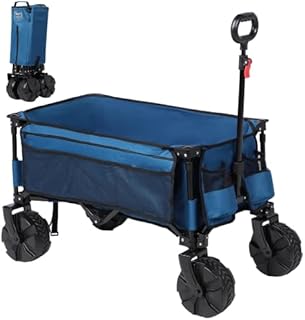 Timber Ridge Collapsible Folding Festival Wagon, Pull Along Trolley on Wheels with Adjustable Handle Cover Bag Drink Holders, Camping Outdoor Garden Picnic Shopping Beach, Blue