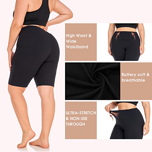 Hi Clasmix 3 Pack Plus Size Biker Shorts for Women(1X-4X)-High Waisted Non-See Through Workout Super Soft Black Yoga Shorts3