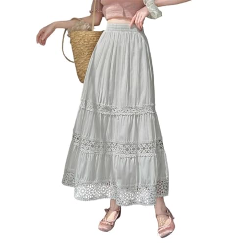 Women Lace Hollow Out High Waisted Patchwork Skirts Summer Solid Boho Beach Midi Skirt