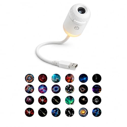 Image of Etheryx Galaxy Projector Night Light, USB Starry Sky Lamp with 24 Replaceable Projection Films, Adjustable Brightness and Angle for Bedroom Ceiling Wall Decor, White (24 Slides)