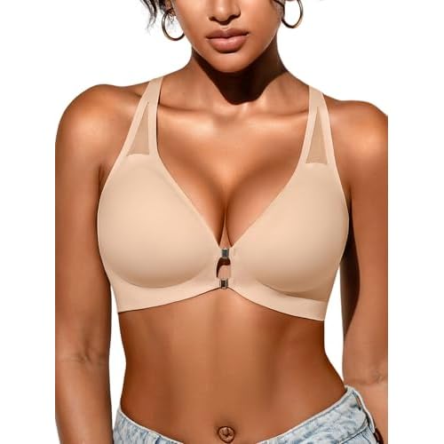 Metal Magnetic Front Closure Bras for Women with Racerback - S-XL Jelly Bralettes with Mesh Everyday Tshirt Bra X-Large Skin