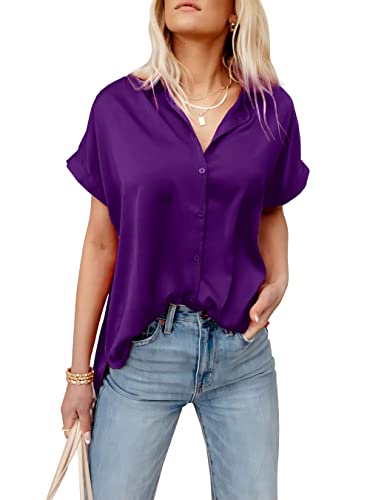 Pausus Satin Button Down Shirts for Women Short Sleeve Office Blouse Casual Business V Neck Silk Tops Slim Fit S-XXL
