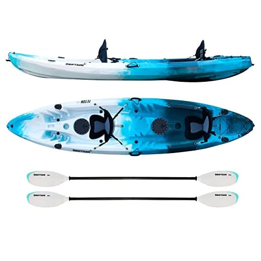 Driftsun Teton 120 Hard Shell Recreational Tandem Kayak, 2 or 3 Person Sit On Top Kayak Package with 2 EVA Padded Seats, Includes 2 Aluminum Paddles and Fishing Rod Holder Mounts, Blue/White