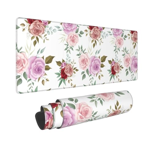 Image of Large Gaming Mouse Pad, Waterproof Extended Floral Mousepad Desktop, Big Long Non-Slip Pink Flower Mouse Mat for Laptop, Keyboard, Computer for Decor Office, 31.5 * 11.8 in