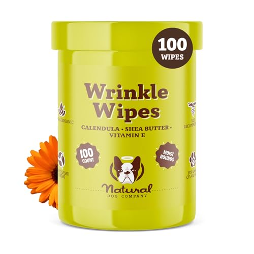 Natural Dog Company Wrinkle Wipes for Dogs, 100 Count, Hypoallergenic Dog Wipes, Wrinkle Wipes French Bulldog, Cleaning & Deodorizing, Dog Wipes for Grooming Faces, Paws & Butts