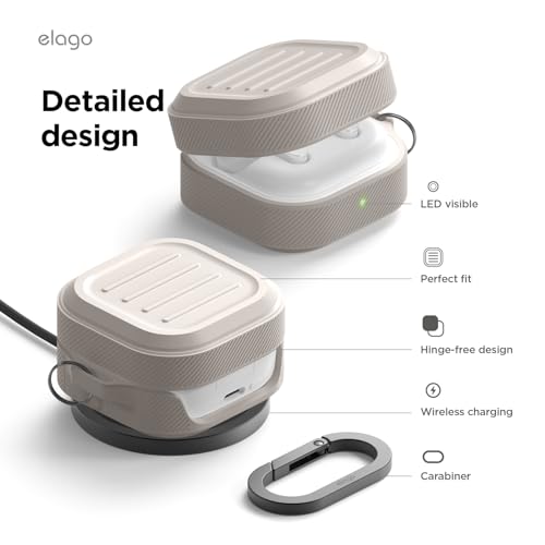 Image of elago Armor Compatible with Samsung Galaxy Buds 4 Pro Case & Galaxy Buds 4 Case, Carabiner Included, Premium Silicone Cover, Wireless Charging, Headphone Accessories, for Men, for Women (Stone)