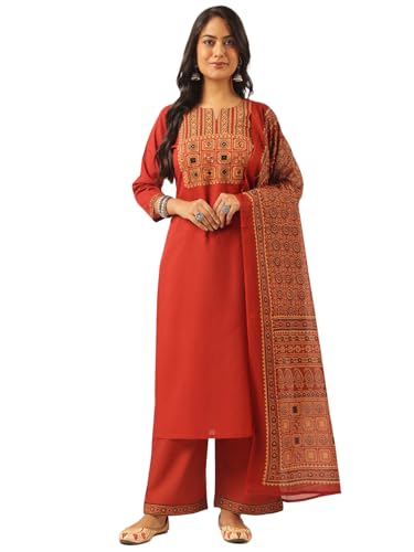 Image of Vbuyz Women Ajrakh With Yoke design Cotton Straight Kurta Set With Dupatta