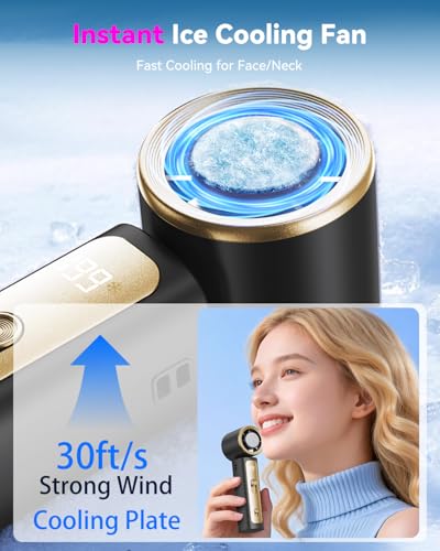 Image of DRORION Portable Mini Fan with Ice Cooling Function, 199 Speed Adjustable Handheld Fan, Rechargeable Personal Fan with Digital Display, Quiet Desk Fan for Travel, Office, Outdoor, Summer,Black gold