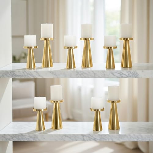 Image of Behoma Handcrafted Gold Metal Pillar Candle Holders Pack of 5 Sets | Decorative Candle Stand Set for Modern Centerpiece for Home Decor, Dining Table, Wedding, Diwali, Christmas & Housewarming Gifts