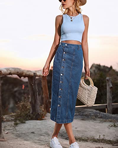 Women's Casual High Waisted Solid Button Up Denim Jean Skirt3