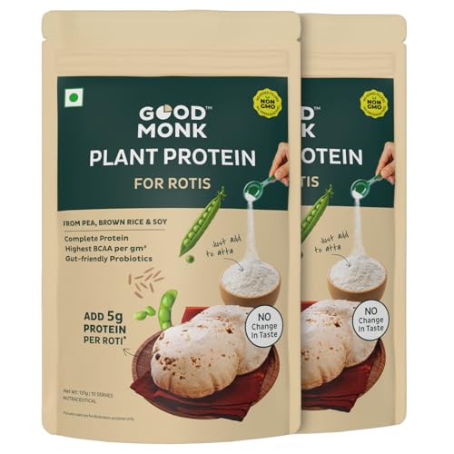 Image of Good Monk Plant Protein for Rotis | Add to Atta - No Taste Change | 20 gm protein in 4 Rotis | From Pea, Brown Rice & Soy | Clean Protein & Gut Friendly Probiotics | All Essential Amino Acids | Stronger Muscles | No Added Sugar /Sweetener | 131 gm X 2 Sachets
