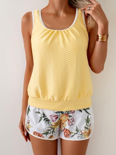 Image of Aidonger Women's Tankini Swimsuit Modest Two Piece Bathing Suit Tummy Control Athletic Blouson Tank Top with Short Bottoms