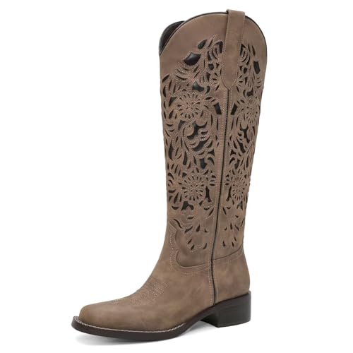 Cowboy boots for women knee high Boots Cut Out Floral Embroidered Low Block Heel Pull On Cowgirl Boots Square Toe Tall Western Boots