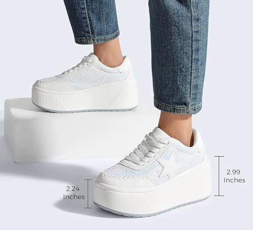 LUCKY STEP Women's Platform Chunky Sneakers Fashion Star Glitter Sparkly Wedge Walking Shoes High Heel Casual Shiny Thick Sole Footwear4