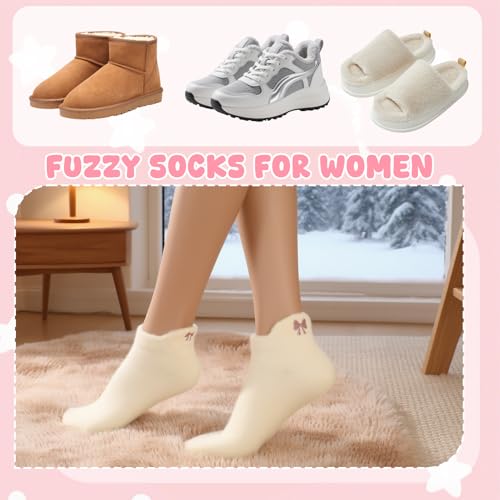 Jspupifip 5 Pairs Women Bow Fuzzy Socks, Pink Bow Cozy Winter Fuzzy Socks Fluffy Ankle Sock for Women Girls Home Sleeping4