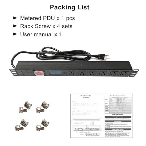 Image of 19 Inch Metered PDU Rack Mount Power Distribution Units 6 NEMA 5-15R Outlets PDU, 125-250V 15A 1U Rackmount Surge Protector Power Strip with OLED Screen Amp Voltage Power Display